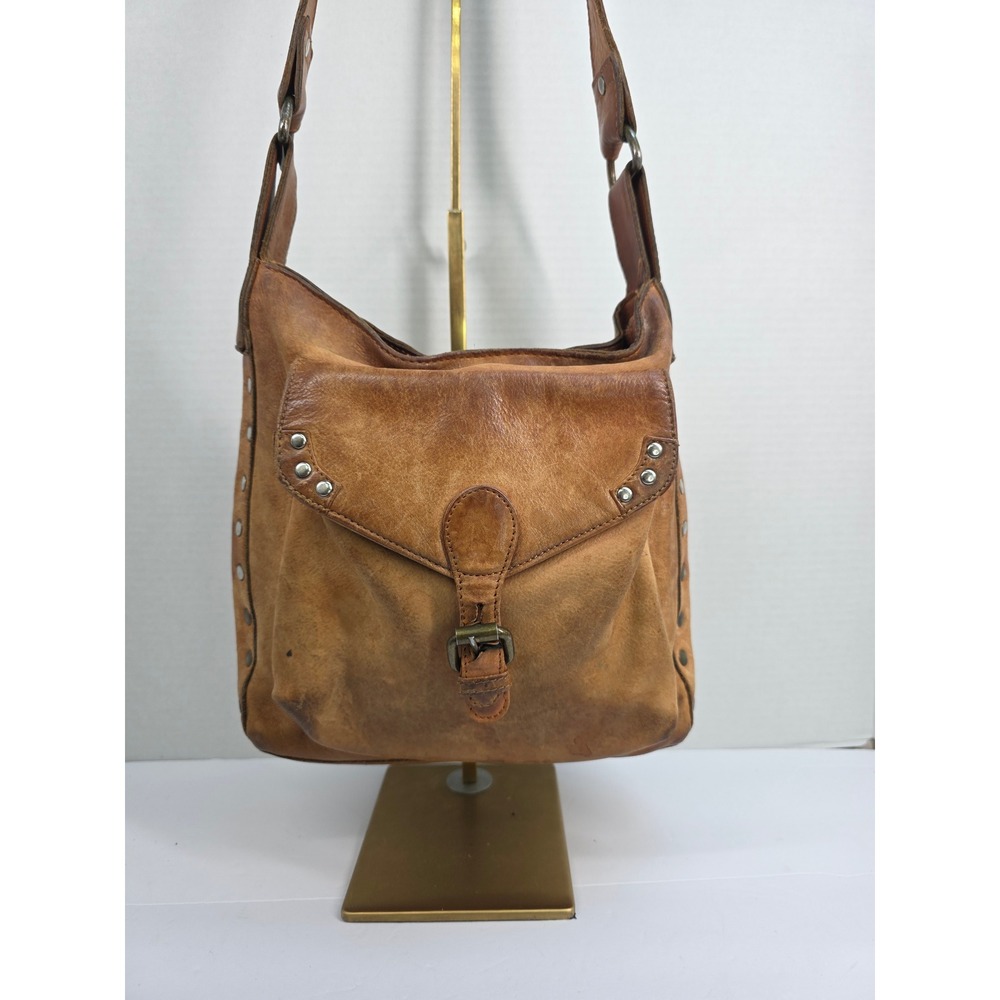 Paul & Taylor USA Tan Leather Crossbody Bag Studded Organizer Messenger Vintage